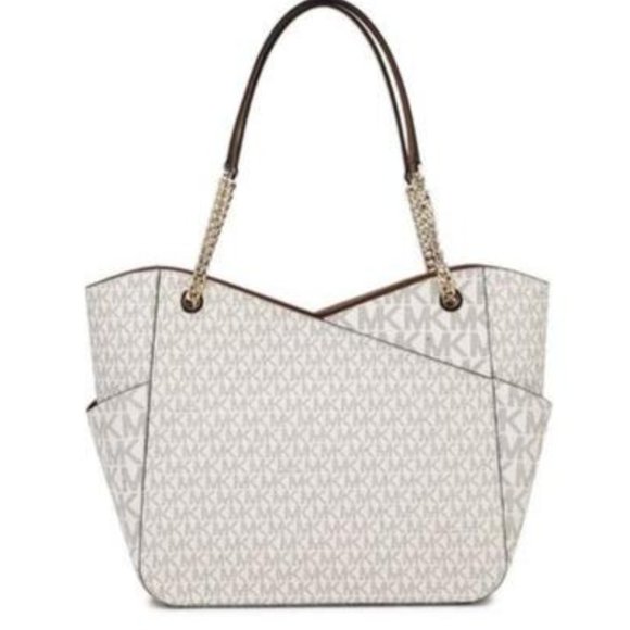 NWT Michael Kors Large Jet Set Travel Tote Handbag Signature Vanilla Gold MINT - Picture 3 of 16